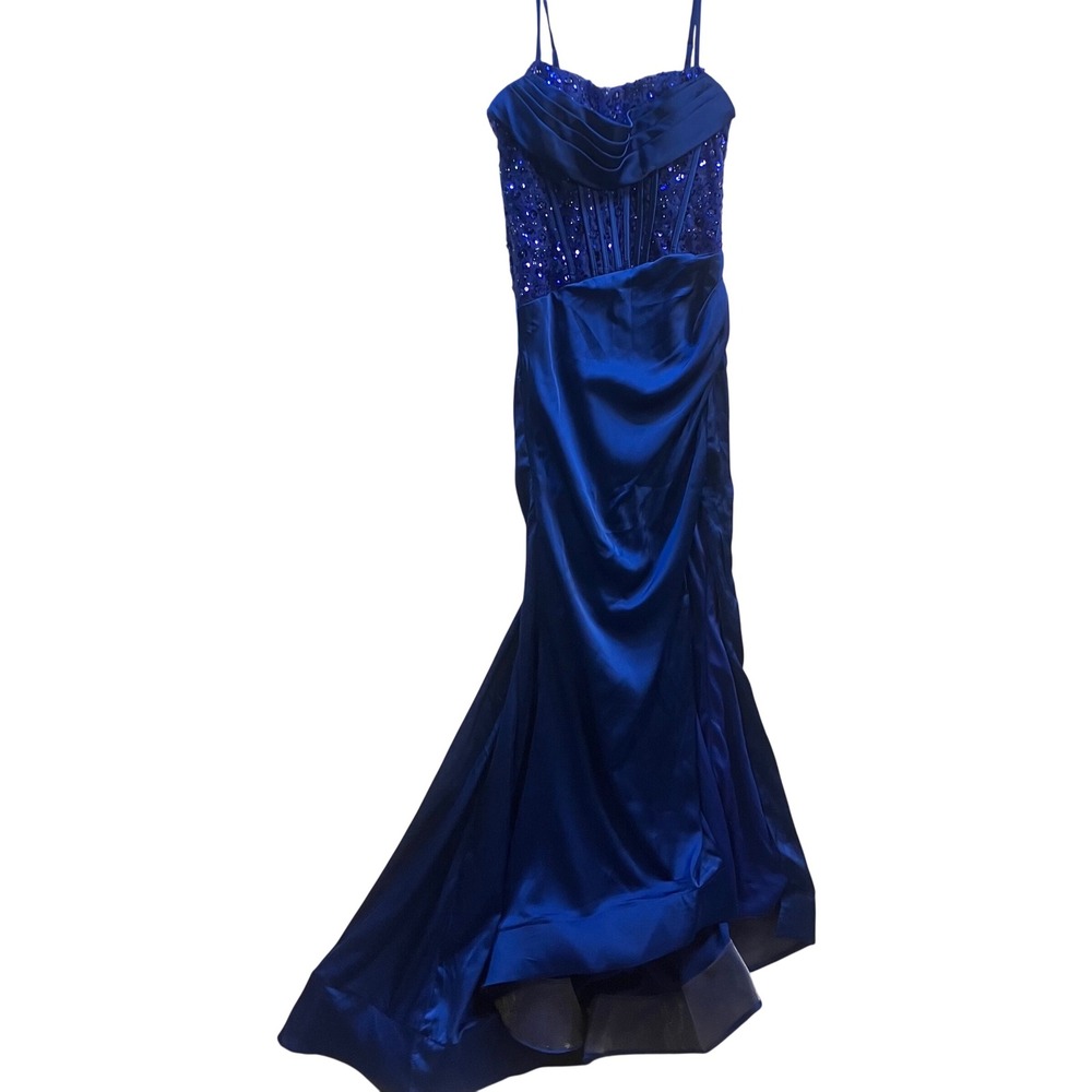 Royal‎ Blue Sequin Corset Mermaid Gown Size 4 Assymetric Gala Trumpet Skirt NWT